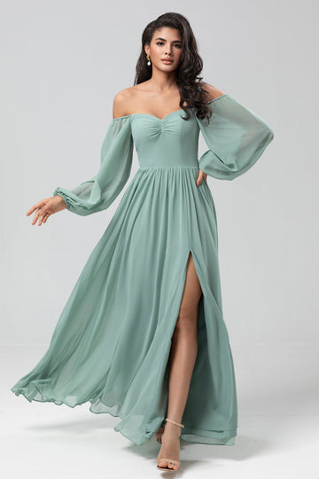 Off the Shoulder Long Sleeves Green Bridemaid Dress with Slit